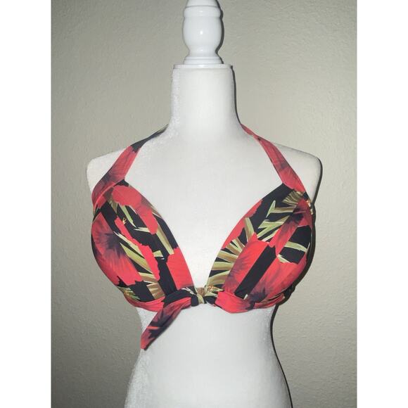 Unique Vintage Swimsuit Top Only 2XL Black Red Halter Hawaiian Tropical - Picture 1 of 7